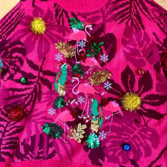 X Ugly Christmas Sweater Red Flamingos Parrots Bells (XL) - Picture 6 of 9